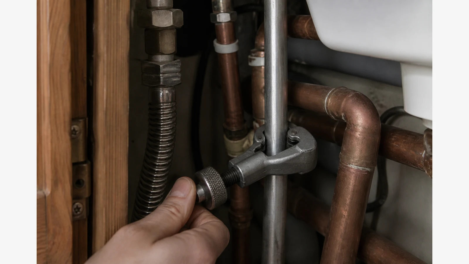 Compact pipe cutter used on pipework in a tight UK boiler cupboard
