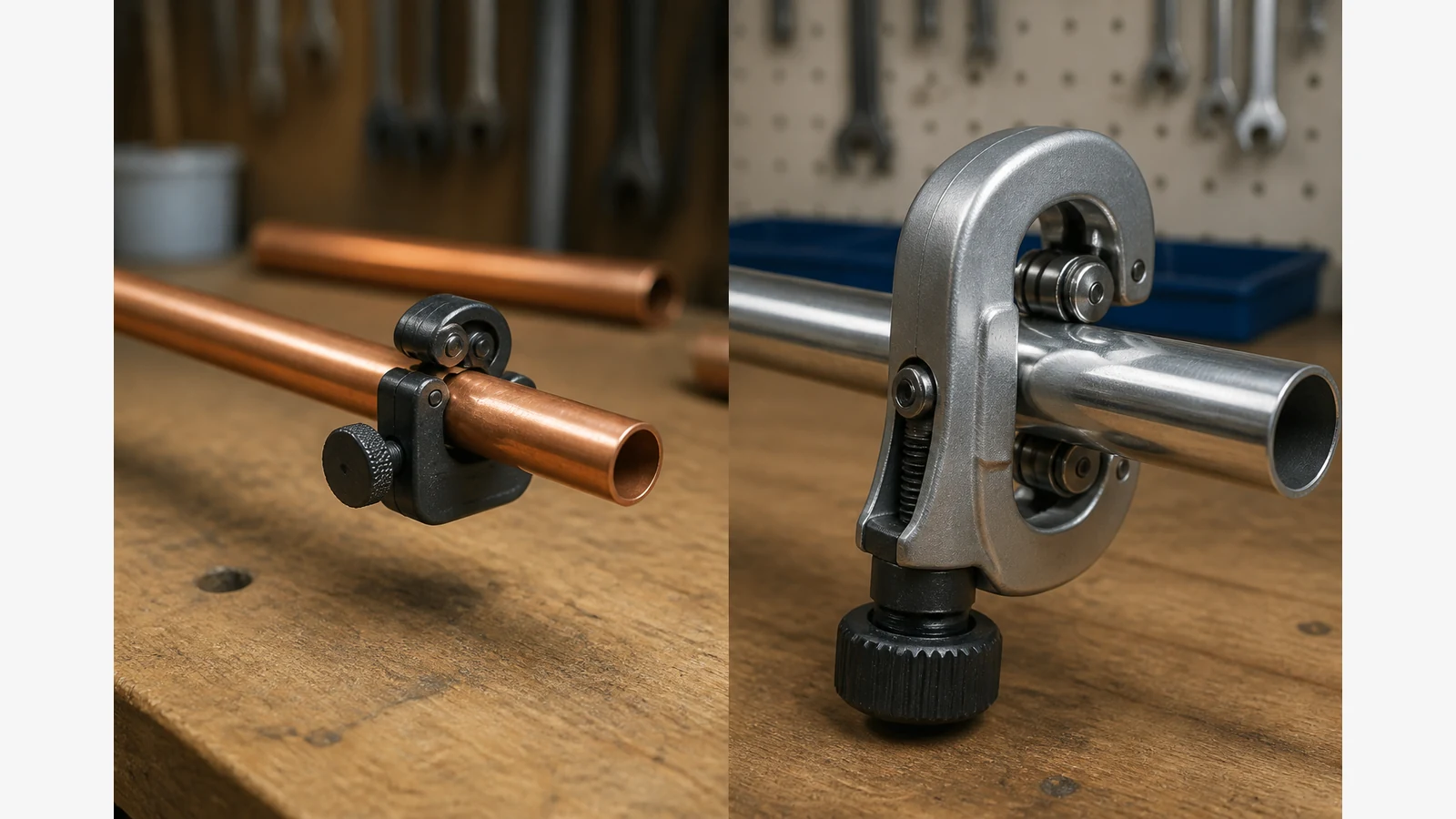 Copper mini pipe cutter contrasted with a stainless-rated rotary tube cutter