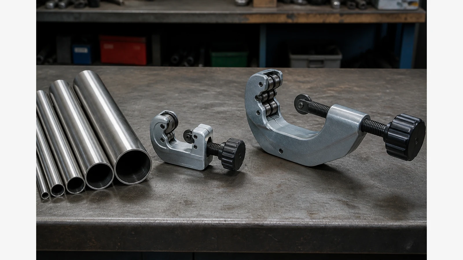 Compact and large rotary pipe cutters beside mixed-diameter stainless tubes