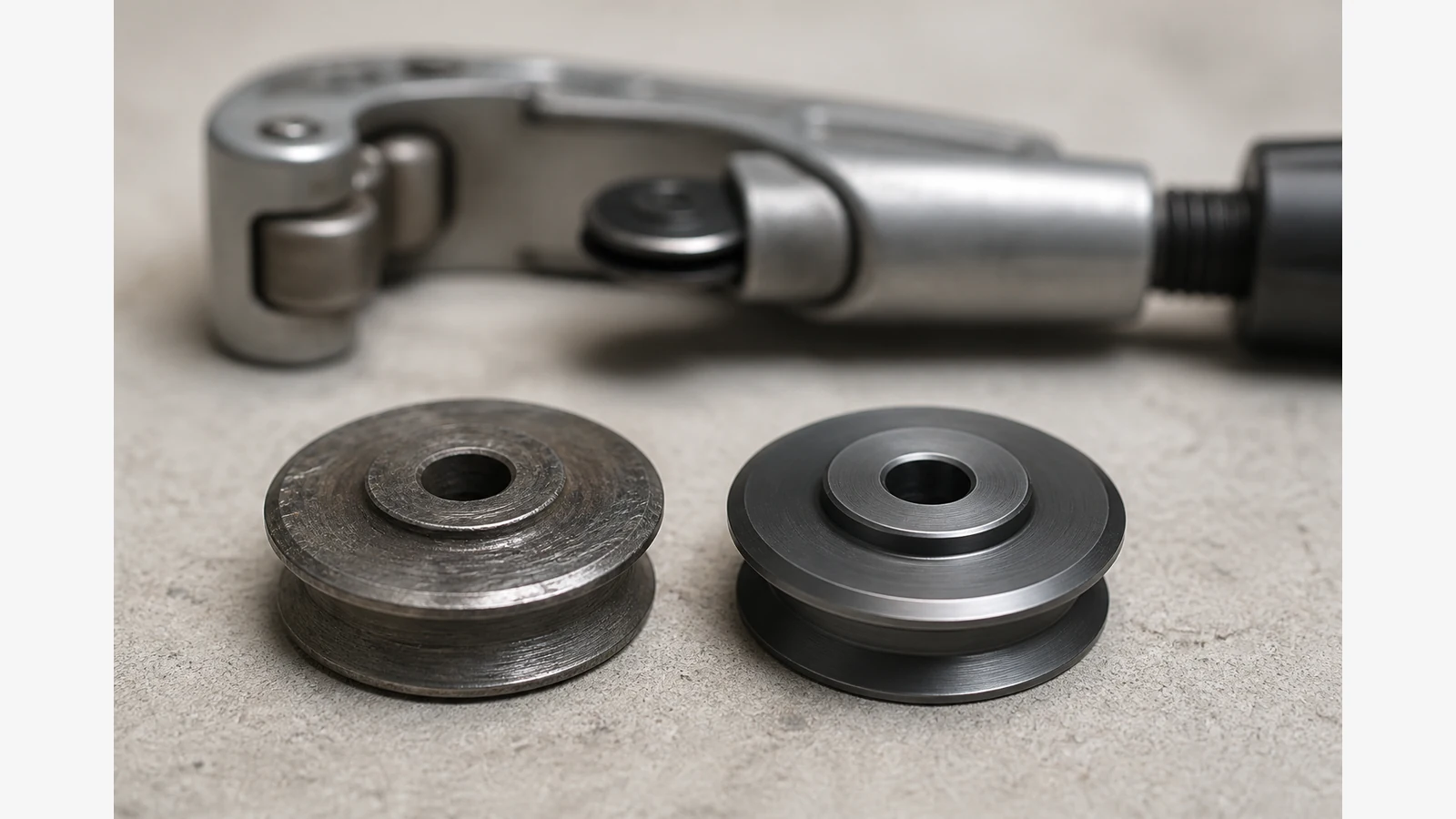 Close-up comparison of worn and new tube cutter wheels on a workbench