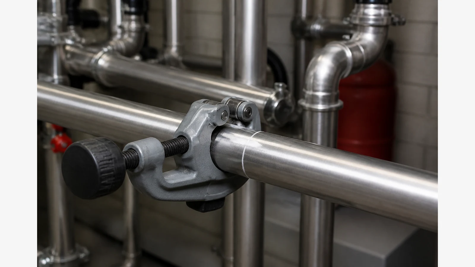 Handheld stainless tube cutter positioned on marked stainless pipe in a UK plant room